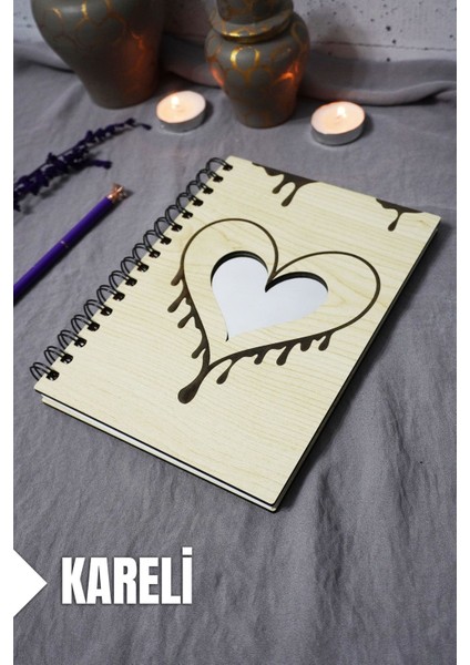 Kalp Desenli Ahşap Kapaklı Defter - Kareli Defter - Ajanda - Okul Defteri (A5 - 120 Sayfa)