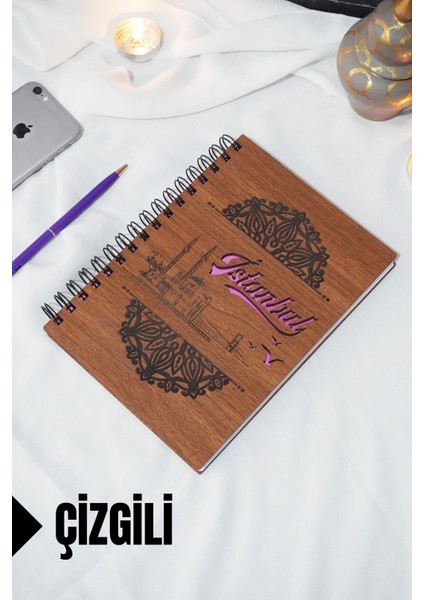 Istanbul Temalı Ahşap Kapaklı Defter - Çizgili Defter - Ajanda - Okul Defteri (A5 - 120 Sayfa)