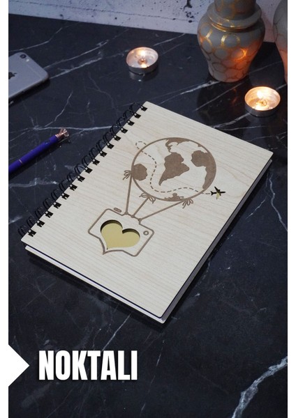 Uçan Balon Temalı Ahşap Kapaklı Defter - Noktalı Defter - Ajanda - Okul Defteri (A5 - 120 Sayfa)