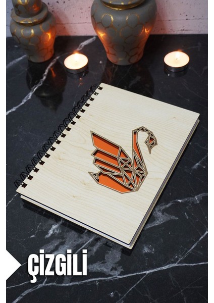 Kuğu Temalı Ahşap Kapaklı Defter - Çizgili Defter - Ajanda - Okul Defteri (A5 - 120 Sayfa)