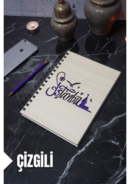 Istanbul Temalı Ahşap Kapaklı Defter - Çizgili Defter - Ajanda - Okul Defteri (A5 - 120 Sayfa)