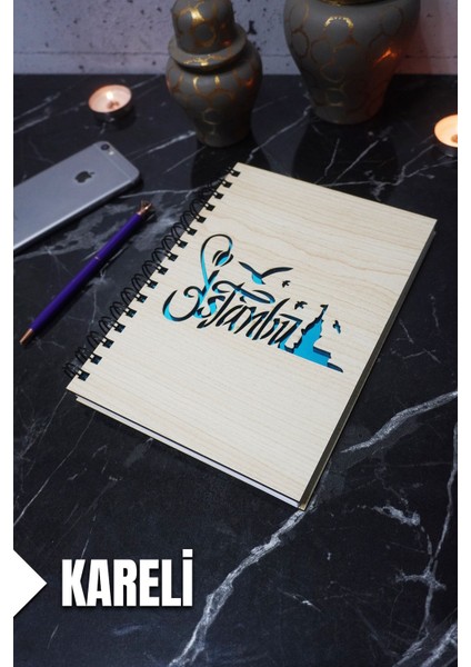 Istanbul Temalı Ahşap Kapaklı Defter - Kareli Defter - Ajanda - Okul Defteri (A5 - 120 Sayfa)