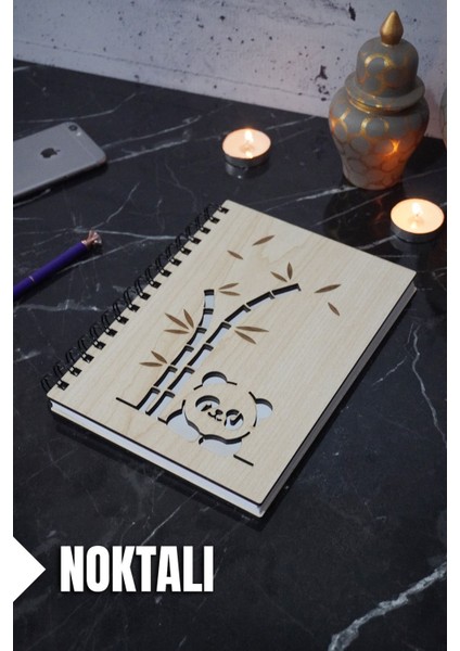 Panda Temalı Ahşap Kapaklı Defter - Noktalı Defter - Ajanda - Okul Defteri (A5 - 120 Sayfa)