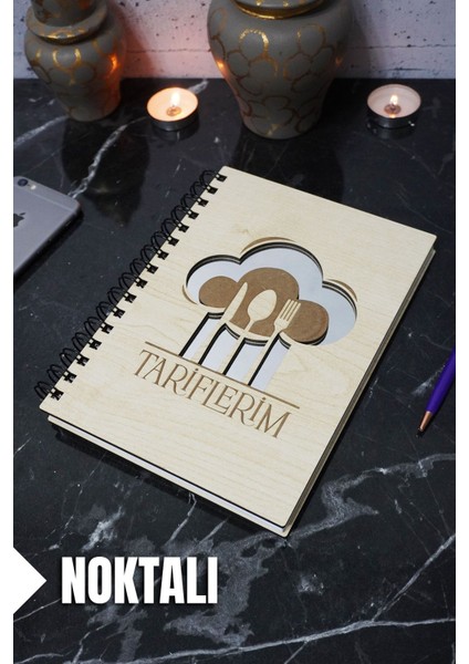 Mutfak Temalı Ahşap Kapaklı Defter - Noktalı Tarif Defteri - Ajanda (A5 - 120 Sayfa)