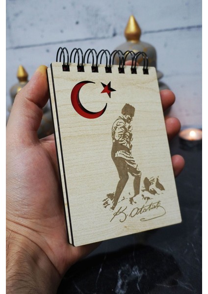 Kemal Atatürk Temalı Ahşap Kapaklı Not Defteri - Mini Defter - Cep Defteri - Benim Listem