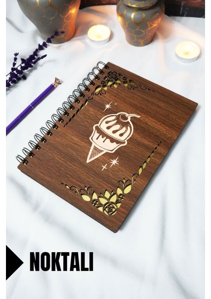 Dondurma Ahşap Kapaklı Spiralli Defter - Noktalı Defter - 60 Yaprak (120 Sayfa) - A5 15X21 cm
