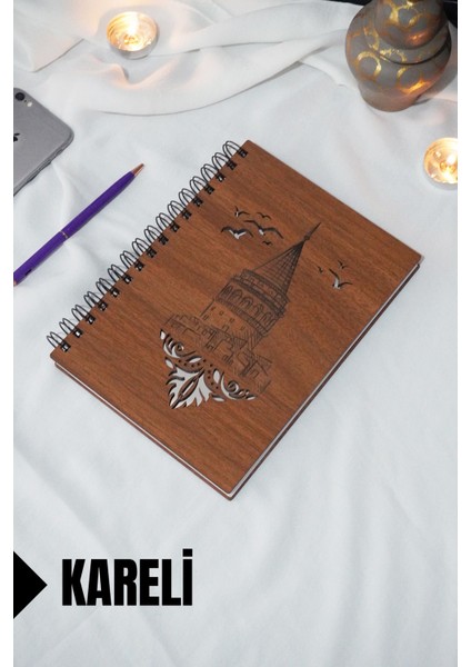 Galata Kulesi Temalı Ahşap Kapaklı Defter - Kareli Defter - Ajanda - Okul Defteri (A5 - 120 Sayfa)