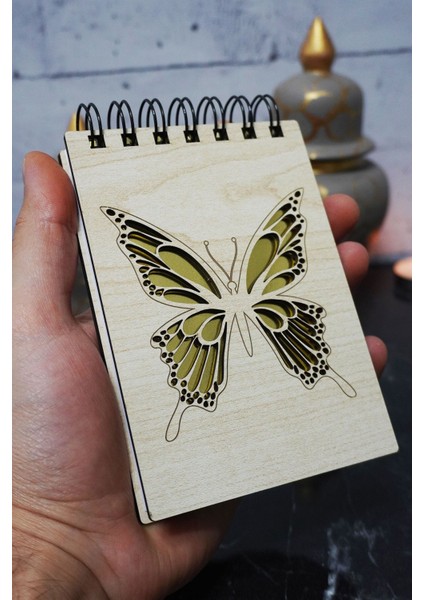 Kelebek Figürlü Ahşap Kapaklı Not Defteri - Mini Defter - Cep Defteri - Benim Listem