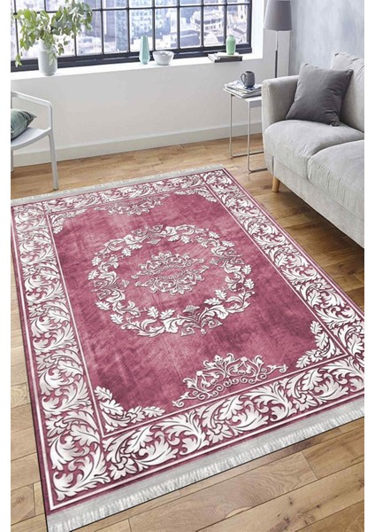 Klasik Desenli Bordo Makinede Yıkanabilir Kilim Kaymaz Dot Tabanlı Oturma Odası Halısı 3027C