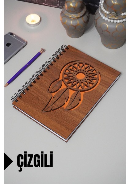 Rüya Kapanı Temalı Ahşap Kapaklı Defter - Çizgili Defter - Ajanda - Okul Defteri (A5 - 120 Sayfa)