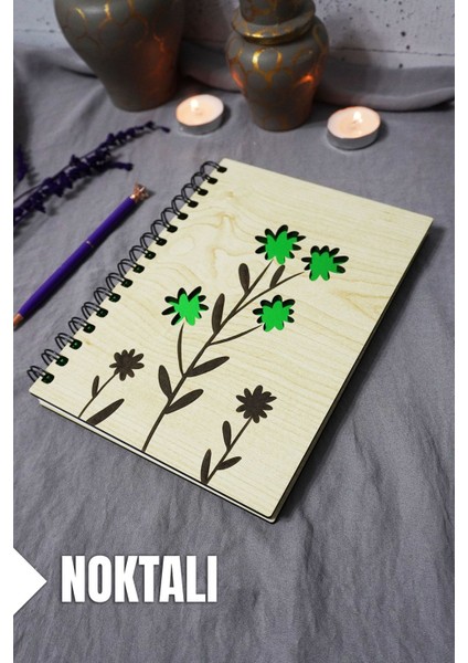 Çiçek Desenli Ahşap Kapaklı Defter - Noktalı Defter - Ajanda - Okul Defteri (A5 - 120 Sayfa)