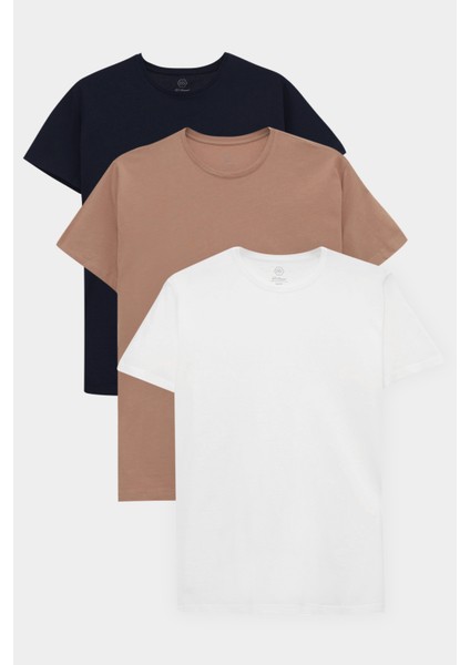 Ds Damat Slim Fit Lacivert/vizon/beyaz 3'lü T-Shirt 4HC14ORTBN533