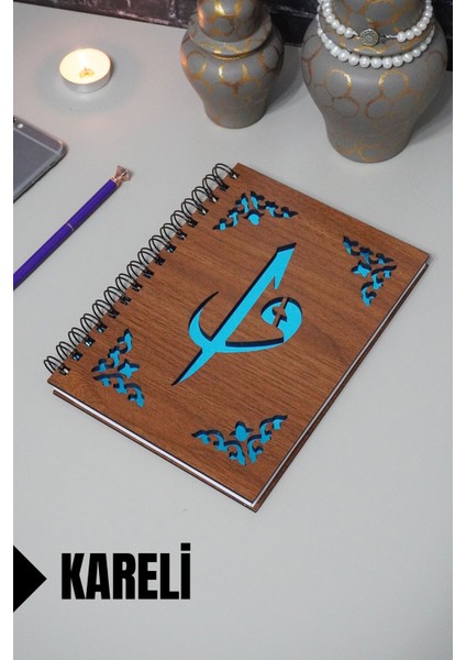 Elif Vav Desenli Ahşap Kapaklı Defter - Kareli Defter - Ajanda - Okul Defteri (A5 - 120 Sayfa)