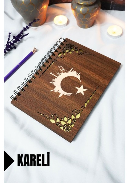 Türk Bayrağı Ahşap Kapaklı Spiralli Defter - Kareli Defter - 60 Yaprak (120 Sayfa) - A5 15X21 cm