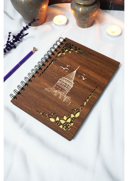 Galata Kulesi Ahşap Kapaklı Spiralli Defter - Çizgisiz Defter - 60 Yaprak (120 Sayfa) - A5 15X21 cm