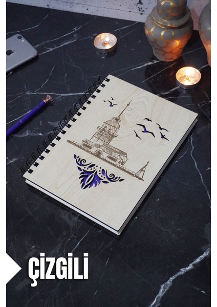 Kız Kulesi Temalı Ahşap Kapaklı Defter - Çizgili Defter - Ajanda - Okul Defteri (A5 - 120 Sayfa)