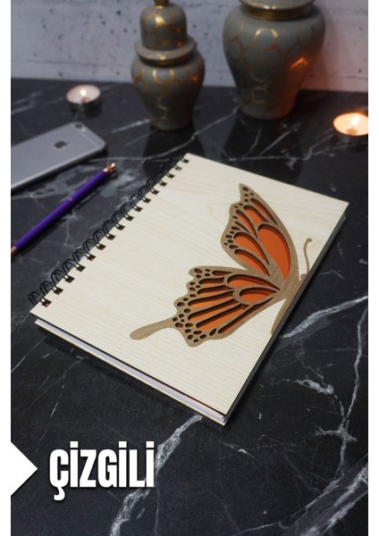 Kelebek Temalı Ahşap Kapaklı Defter - Çizgili Defter - Ajanda - Okul Defteri (A5 - 120 Sayfa)