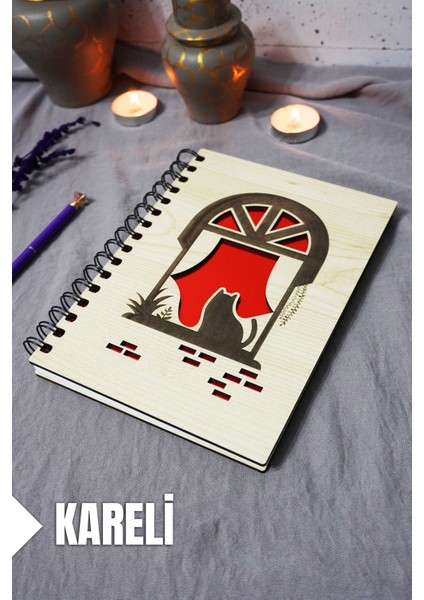 Kedi Desenli Ahşap Kapaklı Defter - Kareli Defter - Ajanda - Okul Defteri (A5 - 120 Sayfa)