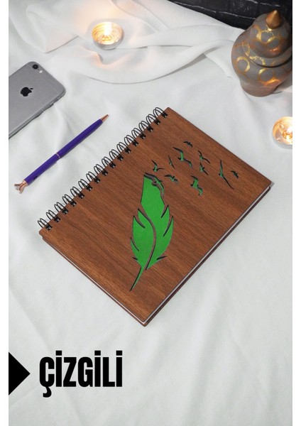 Kuş Tüy Temalı Ahşap Kapaklı Defter - Çizgili Defter - Ajanda - Okul Defteri (A5 - 120 Sayfa)