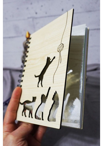 Kedi Desenli Ahşap Kapaklı Defter - Çizgisiz Defter - Günlük - Ajanda-Hediyelik-A5 Anı Defteri fiyatları