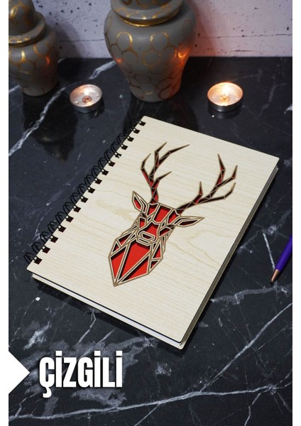 Geyik Figürlü Ahşap Kapaklı Defter - Çizgili Defter - Ajanda - Okul Defteri (A5 - 120 Sayfa)