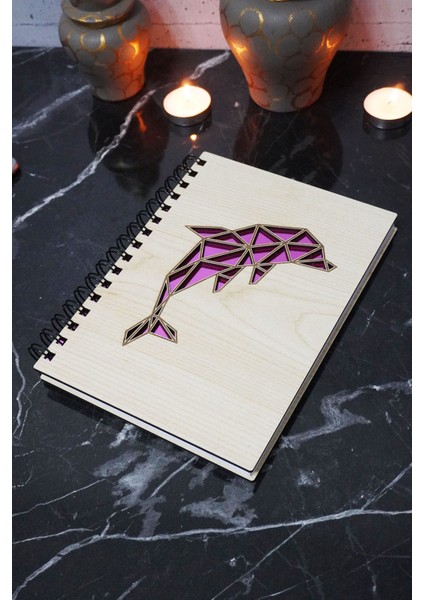 Yunus Balığı Figürlü Ahşap Kapaklı Defter - Çizgisiz Defter - Günlük - Ajanda- A5 Anı Defteri