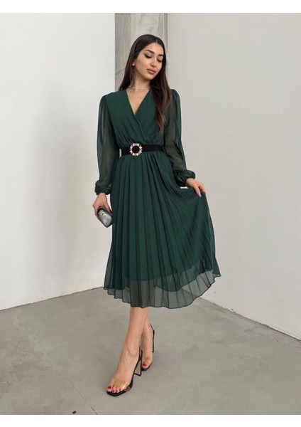 Kadın Şifon Kumaş Astalı Kloş Kesim Kruvaze Yaka Midi Boy Elbise fiyatları