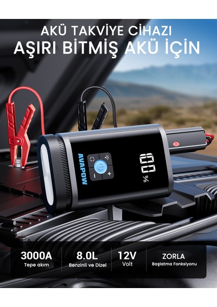 Jp3 16000MAH 3000A Bitmiş Aküyü Çalıştıran & Lastik Şişirme Pompalı Jump Starter Taşınabilir Akü Takviye Kiti (POWERBANK-PD30W + LCD + LED Işık) fırsatları