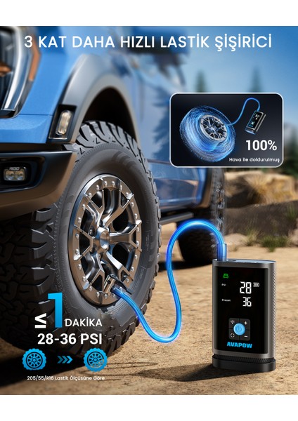 Jp3 16000MAH 3000A Bitmiş Aküyü Çalıştıran & Lastik Şişirme Pompalı Jump Starter Taşınabilir Akü Takviye Kiti (POWERBANK-PD30W + LCD + LED Işık)