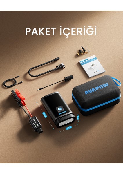 Jp3 16000MAH 3000A Bitmiş Aküyü Çalıştıran & Lastik Şişirme Pompalı Jump Starter Taşınabilir Akü Takviye Kiti (POWERBANK-PD30W + LCD + LED Işık)
