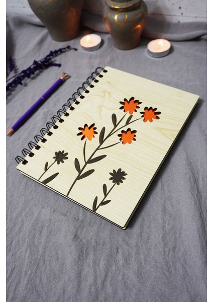 Çiçek Desenli Ahşap Kapaklı Defter - Çizgisiz Defter - Günlük - Ajanda-Hediyelik-A5 Anı Defteri
