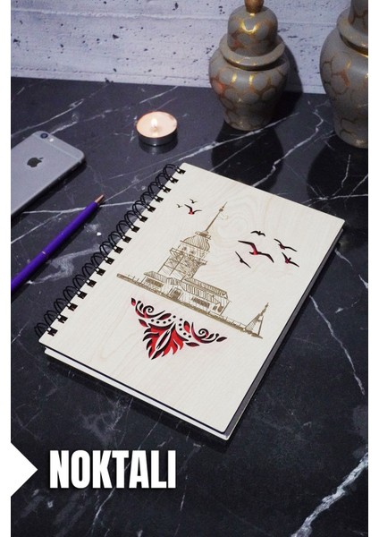 Kız Kulesi Temalı Ahşap Kapaklı Defter - Noktalı Defter - Ajanda - Okul Defteri (A5 - 120 Sayfa)