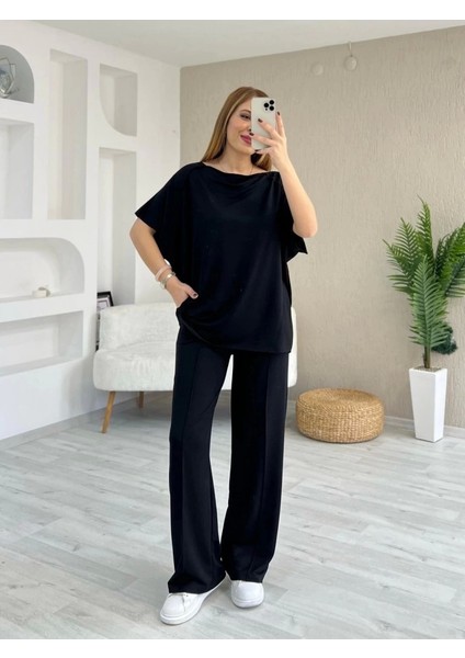 Kadın Kısa Kollu Kayık Yakalı Dikiş Izi Detaylı Viskon Iki Iplik Bluz ve Pantolon Ikili Takım