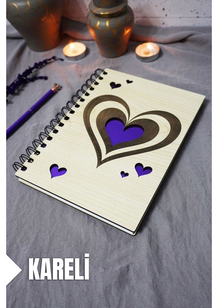 Kalp Desenli Ahşap Kapaklı Defter - Kareli Defter - Ajanda - Okul Defteri (A5 - 120 Sayfa)