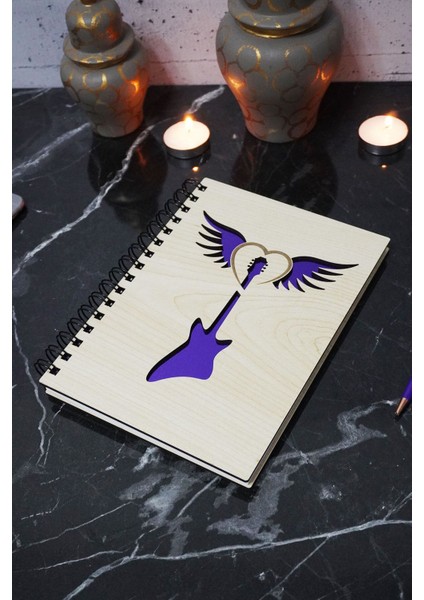 Gitar Kanat Temalı Ahşap Kapaklı Defter - Çizgisiz Defter - Günlük - Ajanda- A5 Anı Defteri