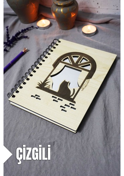 Kedi Desenli Ahşap Kapaklı Defter - Çizgili Defter - Ajanda - Okul Defteri (A5 - 120 Sayfa)