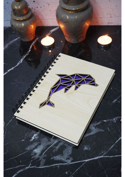 Yunus Balığı Figürlü Ahşap Kapaklı Defter - Çizgisiz Defter - Günlük - Ajanda- A5 Anı Defteri