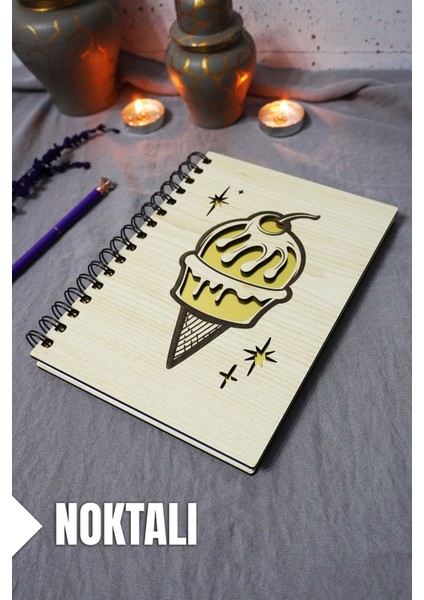 Dondurma Desenli Ahşap Kapaklı Defter - Noktalı Defter - Ajanda - Okul Defteri (A5 - 120 Sayfa)