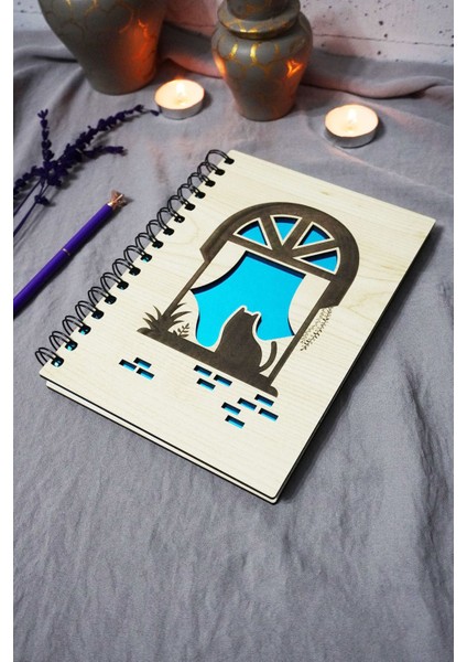 Kedi Desenli Ahşap Kapaklı Defter - Çizgisiz Defter - Günlük - Ajanda-Hediyelik-A5 Anı Defteri
