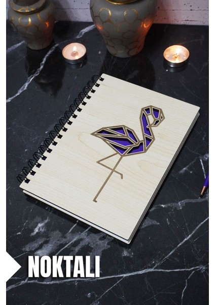 Flamingo Temalı Ahşap Kapaklı Defter - Noktalı Defter - Ajanda - Okul Defteri (A5 - 120 Sayfa)
