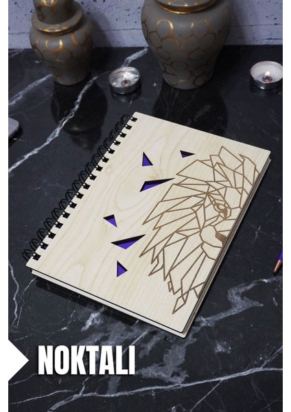 Aslan Temalı Ahşap Kapaklı Defter - Noktalı Defter - Ajanda - Okul Defteri (A5 - 120 Sayfa)