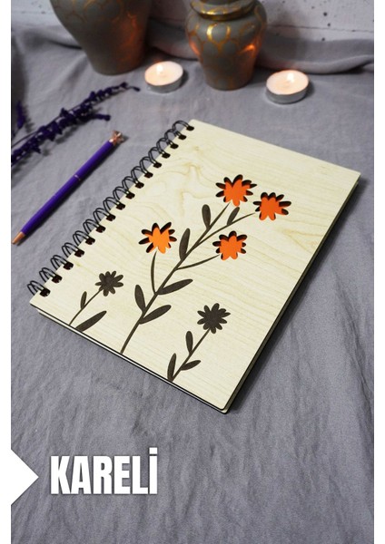 Çiçek Desenli Ahşap Kapaklı Defter - Kareli Defter - Ajanda - Okul Defteri (A5 - 120 Sayfa)