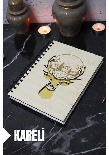 Geyik Temalı Ahşap Kapaklı Defter - Kareli Defter - Ajanda - Okul Defteri (A5 - 120 Sayfa)