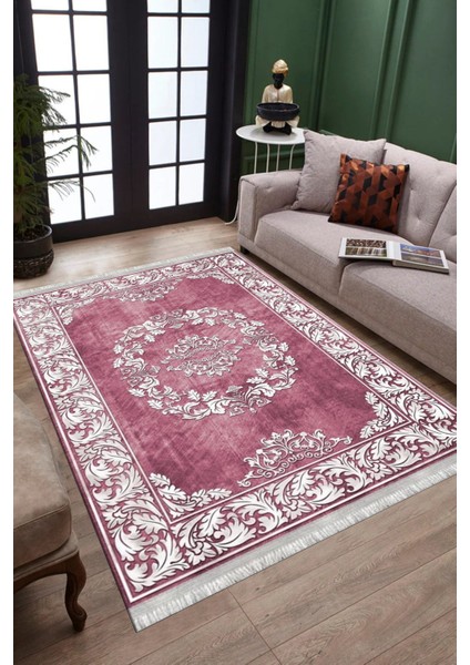 Klasik Desenli Bordo Makinede Yıkanabilir Kilim Kaymaz Dot Tabanlı Oturma Odası Halısı 3027C modelleri