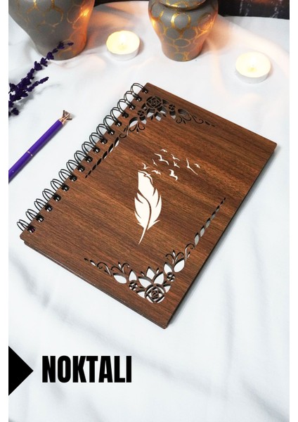 Kuş Tüyü Ahşap Kapaklı Defter - Noktalı Defter - 60 Yaprak (120 Sayfa) - A5 15X21 cm
