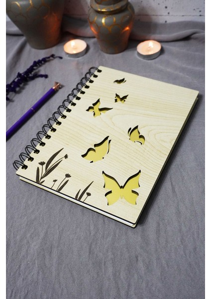 Kelebek Desenli Ahşap Kapaklı Defter - Çizgisiz Defter - Günlük - Ajanda-Hediyelik-A5 Anı Defteri