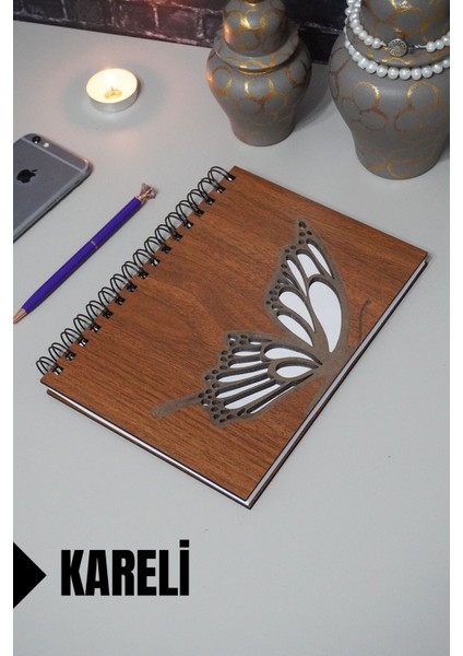 Kelebek Temalı Ahşap Kapaklı Defter - Kareli Defter - Ajanda - Okul Defteri (A5 - 120 Sayfa)