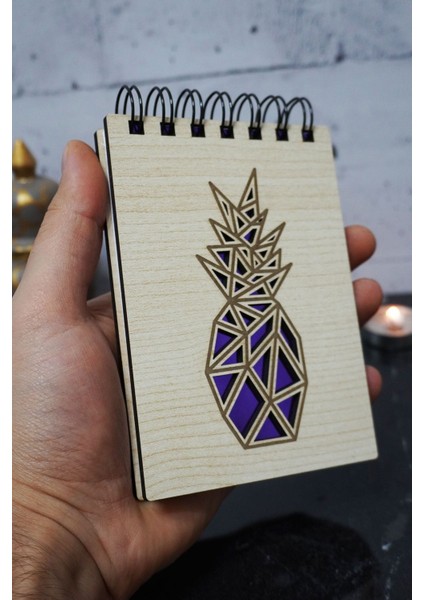 Ananas Temalı Ahşap Kapaklı Not Defteri - Mini Defter - Cep Defteri - Benim Listem