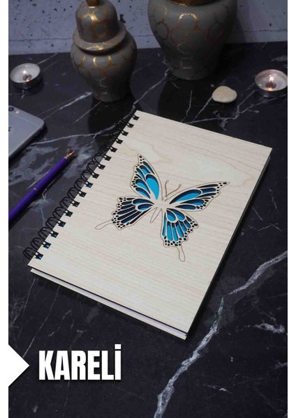 Kelebek Temalı Ahşap Kapaklı Defter - Kareli Defter - Ajanda - Okul Defteri (A5 - 120 Sayfa)