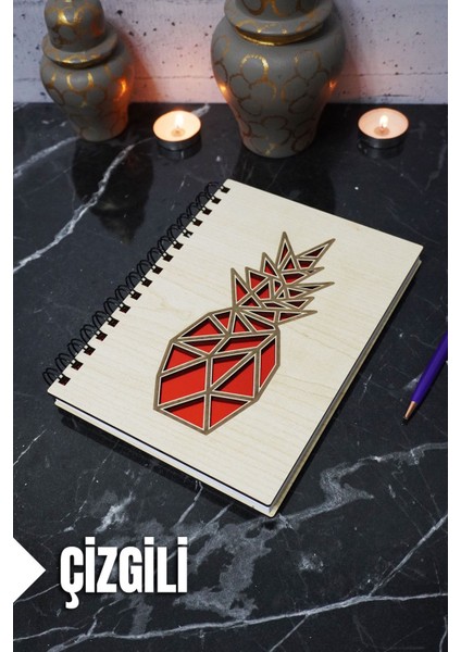 Ananas Temalı Ahşap Kapaklı Defter - Çizgili Defter - Ajanda - Okul Defteri (A5 - 120 Sayfa)